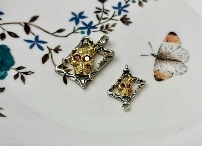 Gold King Skull Charms for Necklace, 18K Gold Filled Charm Enamel Colored Pendant With CZ #CR0112
