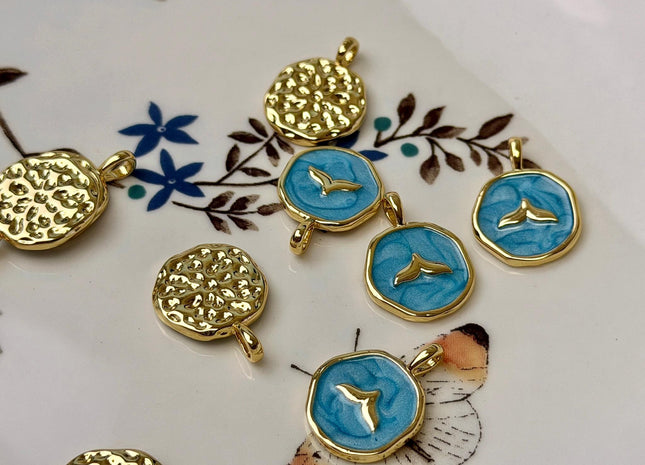 Whale Tail Design Charms for Necklace Jewelry Making, 18K Gold Filled Charm Enamel Colored Medallion Pendant #CR0114