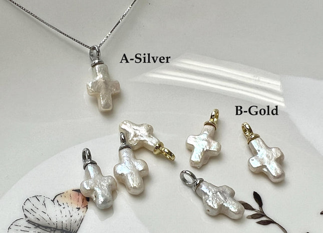 Small Freshwater Pearl Cross Charm for Necklace Minimalist Jewelry One Piece #CR0117