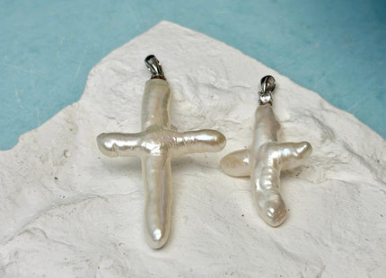 One Piece Natural White Biwa Stick Freshwater Pearls, Genuine White Cross Shape Freshwater Pearls #P3748