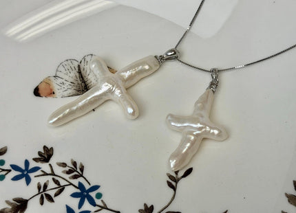 One Piece Natural White Biwa Stick Freshwater Pearls, Genuine White Cross Shape Freshwater Pearls #P3748