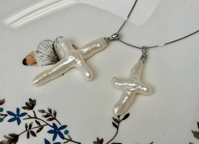 One Piece Natural White Biwa Stick Freshwater Pearls, Genuine White Cross Shape Freshwater Pearls #P3748