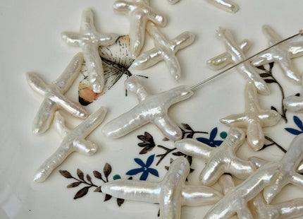 One Piece Natural White Biwa Stick Freshwater Pearls, Genuine White Cross Shape Freshwater Pearls #P3748