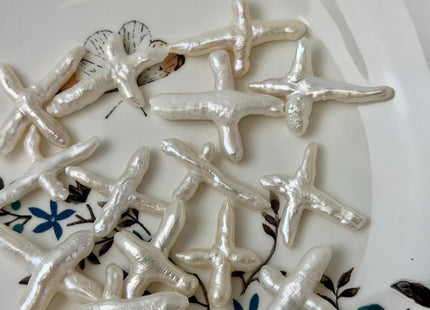 One Piece Natural White Biwa Stick Freshwater Pearls, Genuine White Cross Shape Freshwater Pearls #P3748