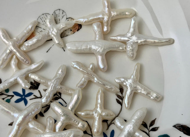 One Piece Natural White Biwa Stick Freshwater Pearls, Genuine White Cross Shape Freshwater Pearls #P3748