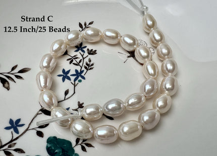 9-10x12-15 mm AAAA Half Strand Large Hole Natural White Extra Shiny Long Rice/Oval Freshwater Pearl Beads #P3752