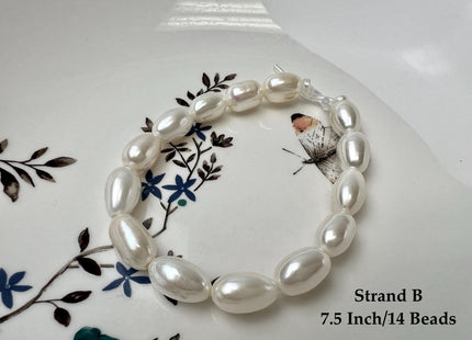 9-10x12-15 mm AAAA Half Strand Large Hole Natural White Extra Shiny Long Rice/Oval Freshwater Pearl Beads #P3752