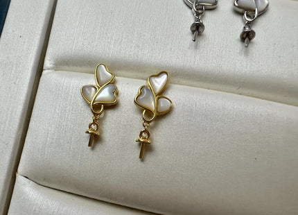 One Pair 925 Sterling Silver/Gold Earring Studs Setting W/Mother Of Pearl For Half Drilled Pearls #10415