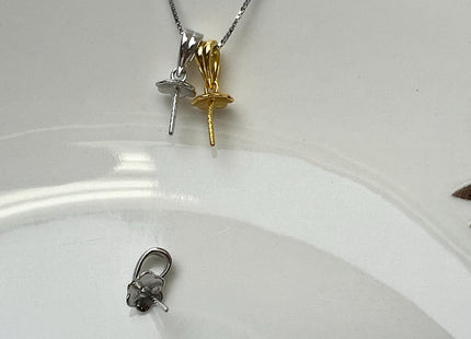 One Piece .925 Sterling Silver/Gold Pendant Setting Findings For Half Drilled Pearl #10416