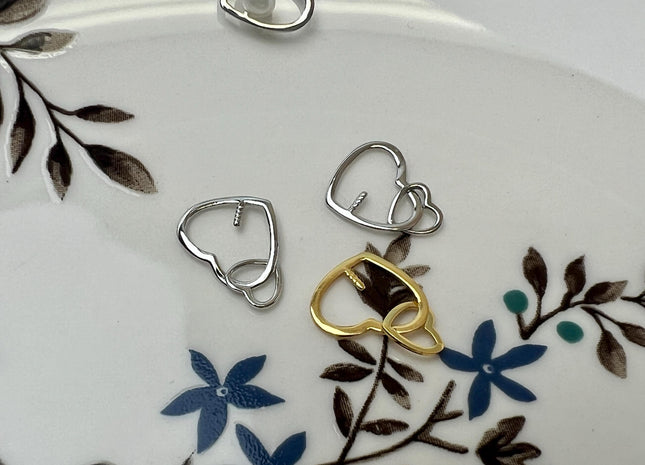 One Piece 925 Sterling Silver/Gold Pendant Setting Double Heart Finding For Half Drilled Pearl #10418