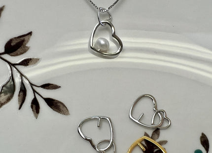 One Piece 925 Sterling Silver/Gold Pendant Setting Double Heart Finding For Half Drilled Pearl #10418