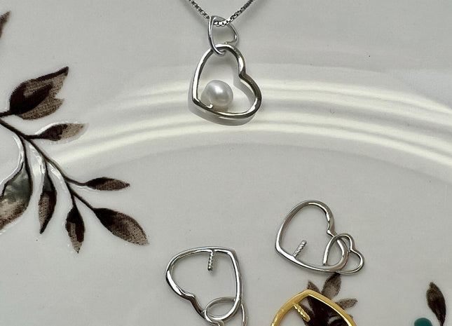 One Piece 925 Sterling Silver/Gold Pendant Setting Double Heart Finding For Half Drilled Pearl #10418