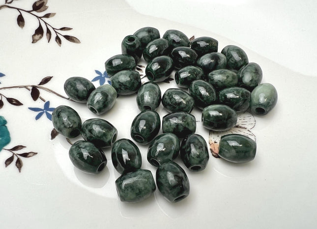 Two Pieces 9x11 mm Natural Color Large Hole Smooth Barrel Shape Burmese Jade Beads 3.0mm Hole #4864