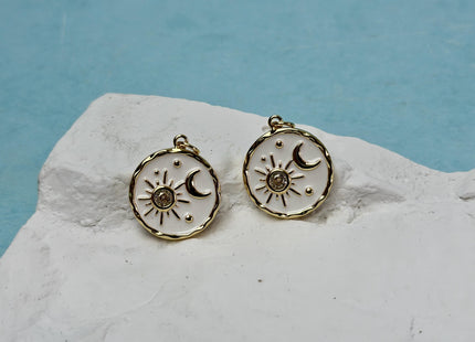 Sun Moon Stars Design Charms for Necklace Jewelry Making, 18K Gold Plated Charm Enamel Colored Medallion Pendant With CZ, One Piece #CR0093