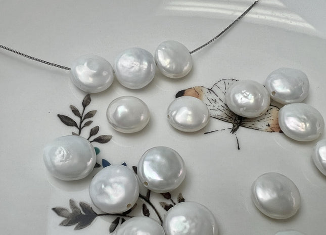11-12mm AA Natural Pale White Coin Large Hole Freshwater Pearl Beads Hole Size 1.0mm #P3758
