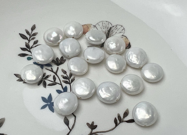 11-12mm AA Natural Pale White Coin Large Hole Freshwater Pearl Beads Hole Size 1.0mm #P3758