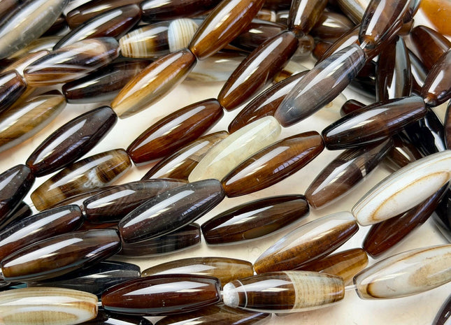 10x30 mm Large Barrel Shape Smooth Coffee Wave Agate Gemstone Loose Beads 15 Inches Strand 13 Beads #4943