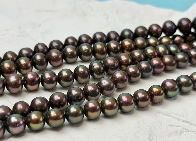 6.5-7 mm AAA Metallic Brown Peacock Off Round Potato Freshwater Pearl Beads #P3763