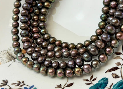 6.5-7 mm AAA Metallic Brown Peacock Off Round Potato Freshwater Pearl Beads #P3763
