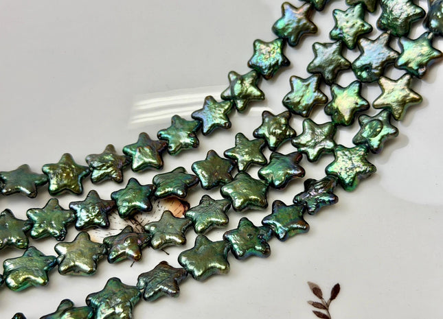 12-13 mm AAA Very Rare Olive Green Color Star Shape Freshwater Coin Pearls High Luster 34 Beads #P3769