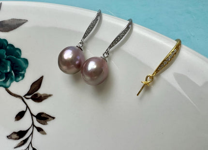 One Pair 925 Sterling Silver Earring Setting W/CZ Hook Earring Finding For Half Drilled Pearls #10407