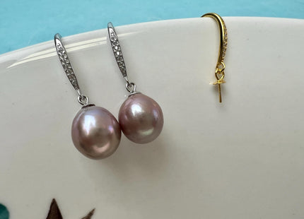 One Pair 925 Sterling Silver Earring Setting W/CZ Hook Earring Finding For Half Drilled Pearls #10407