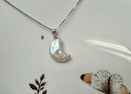 8-9x18-20 mm AAA Rare White Large Crescent Moon Pearl With .925 Sterling Silver/Gold Pendant #PD0017