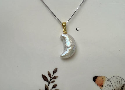 8-9x18-20 mm AAA Rare White Large Crescent Moon Pearl With .925 Sterling Silver/Gold Pendant #PD0017