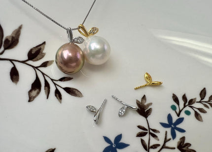One Piece 925 Sterling Silver/Gold Apple Leaf Pendant Setting Findings For Half Drilled Pearls #10411