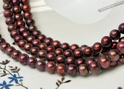 7-8mm Half Strand Burgundy Red Perfect Round Large Hole Freshwater Pearls Hole Size 2.1mm 26 Beads #P3740