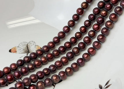 7-8mm Half Strand Burgundy Red Perfect Round Large Hole Freshwater Pearls Hole Size 2.1mm 26 Beads #P3740