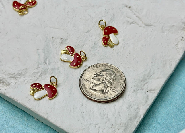 Mushroom Dainty Cute Charms for Necklace Jewelry Making, 18K Gold Filled Charm Enamel Colored Pendant #CR0113