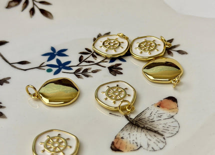 Ship's Wheel Design Charms for Necklace Jewelry Making, 18K Gold Filled Charm Enamel Colored Medallion Pendant #CR0115