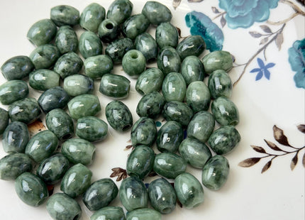 Two Pieces 9x11 mm Natural Color Large Hole Smooth Barrel Shape Burmese Jade Beads 3.0mm Hole #4897