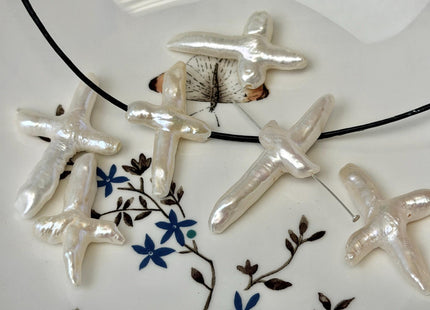 One Piece Natural White Biwa Stick Freshwater Pearls, Genuine White Cross Shape Freshwater Pearls #P3749