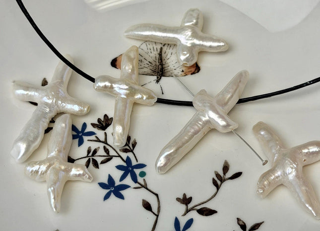 One Piece Natural White Biwa Stick Freshwater Pearls, Genuine White Cross Shape Freshwater Pearls #P3749