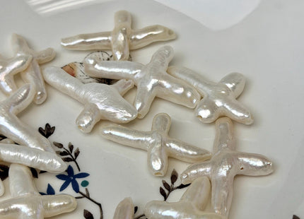 One Piece Natural White Biwa Stick Freshwater Pearls, Genuine White Cross Shape Freshwater Pearls #P3749