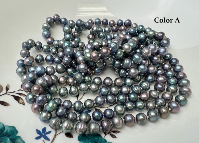 72 Inches Hand Knotted 7mm Potato Peacock Color Freshwater Pearl Necklaces Long Pearl Necklace #P3751