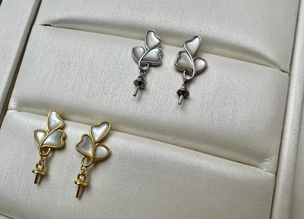 One Pair 925 Sterling Silver/Gold Earring Studs Setting W/Mother Of Pearl For Half Drilled Pearls #10415