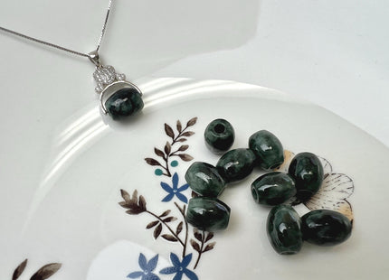 Two Pieces 9x11 mm Natural Color Large Hole Smooth Barrel Shape Burmese Jade Beads 3.0mm Hole #4864