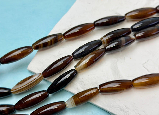 10x30 mm Large Barrel Shape Smooth Coffee Wave Agate Gemstone Loose Beads 15 Inches Strand 13 Beads #4943