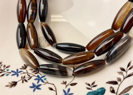 10x30 mm Large Barrel Shape Smooth Coffee Wave Agate Gemstone Loose Beads 15 Inches Strand 13 Beads #4943