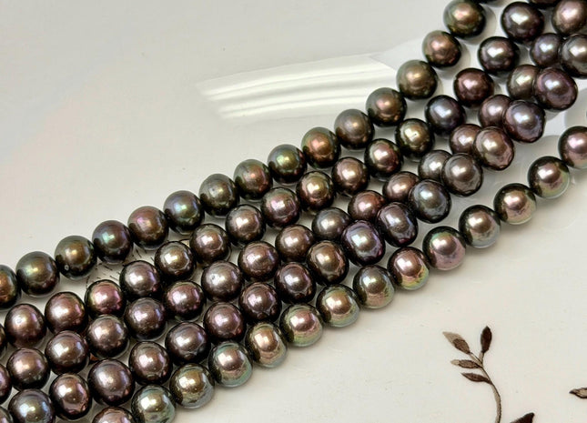 6.5-7 mm AAA Metallic Brown Peacock Off Round Potato Freshwater Pearl Beads #P3763