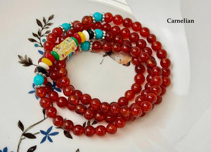 6mm Smooth Round Carnelian Jade Tiger Eye Amethyst Carnelian Gemstone Stacked Elastic Stretch Bracelet 29 Inches #4949