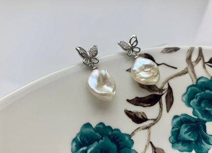 11-12 mm AAA Rare Natural white Keshi Pearl Earring Studs W/925 Sterling Silver High Luster Keshi Pearls Butterfly Bridal Jewelry #10014-A