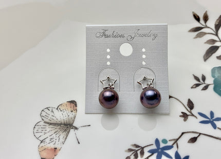 8mm AAA Peacock Round Freshwater Pearl Earrings With Classic Star Design W/CZ 925 Sterling Silver Pearl Earrings #10058-B