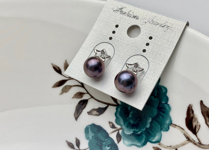 8mm AAA Peacock Round Freshwater Pearl Earrings With Classic Star Design W/CZ 925 Sterling Silver Pearl Earrings #10058-B