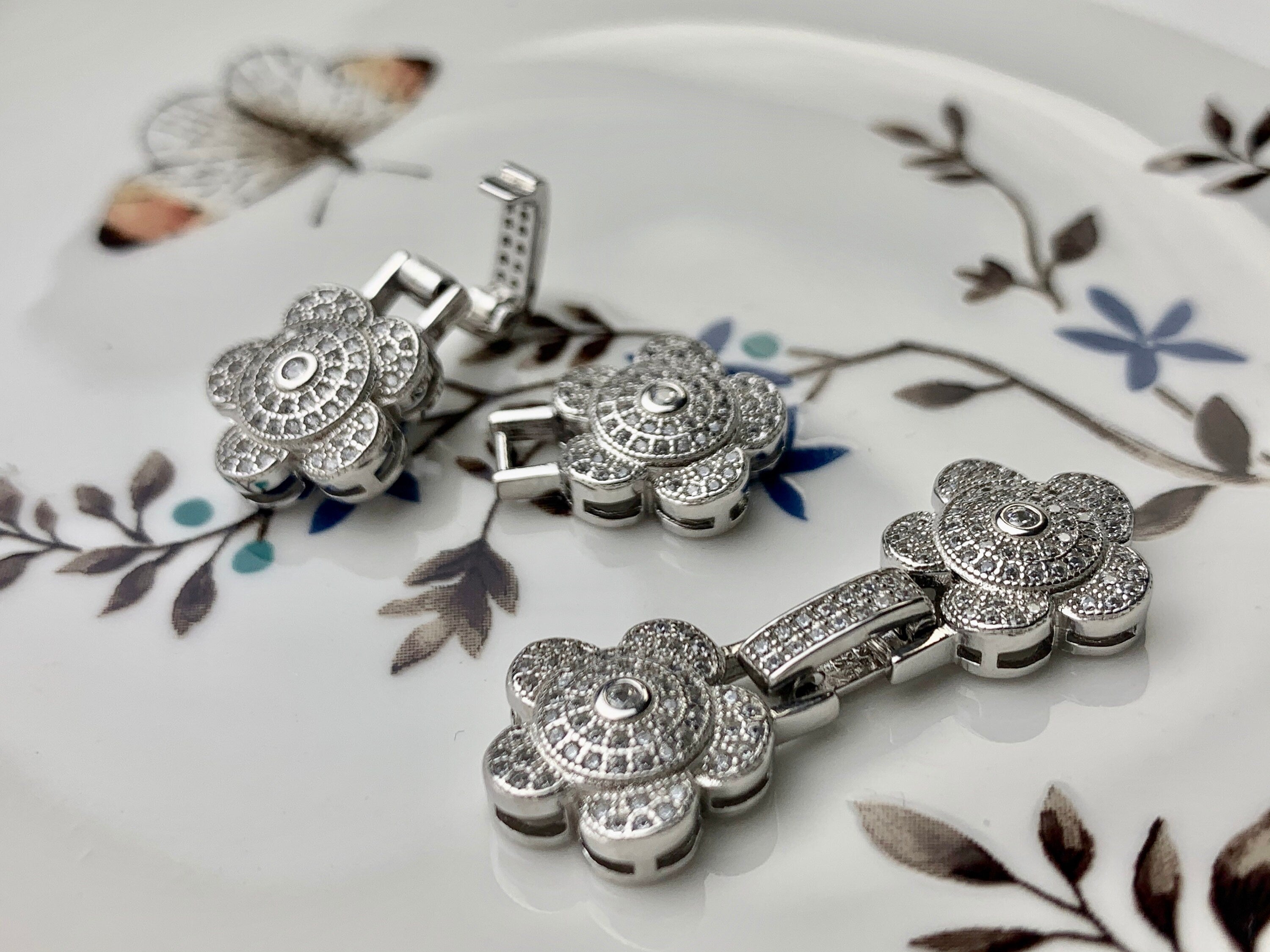 14x40mm 925 Sterling Silver Antique Double Flower Shape Clasp Genuine Silver Findings 925 Sterling Silver Clasps w CZ DIY Jewelry 10108