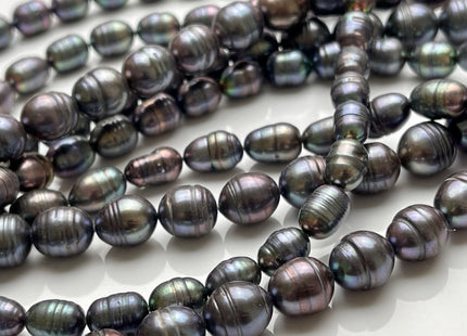 7-9x9-11 mm Dark Gray Peacock Rice/Oval Ringed Freshwater Pearl Beads Genuine Gray Peacock Color Oval Rice Freshwater Pearl Beads P2100
