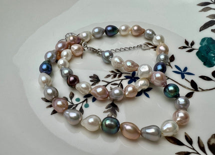 18/20/22/24/26/28 Inches Hand Knotted 7-8mm AAA Mixed White Pink Peacock Barouque Pearl Necklace With Silver/Gold Filled Clasp #P2270